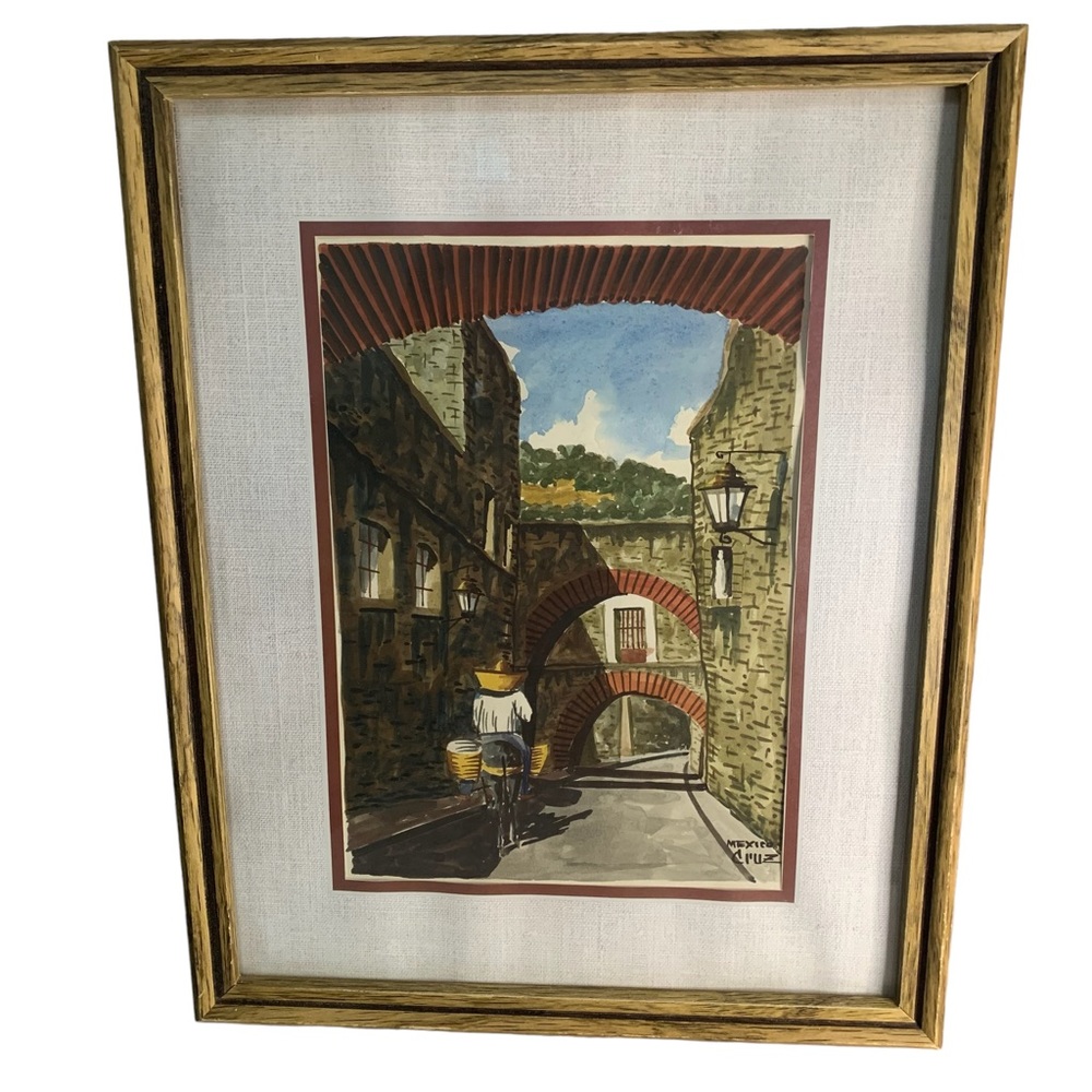 2 Framed Watercolors Signed Mexico Cruz #1 Man Woman 2 Donkey Pink Flower House - Picture 7 of 16